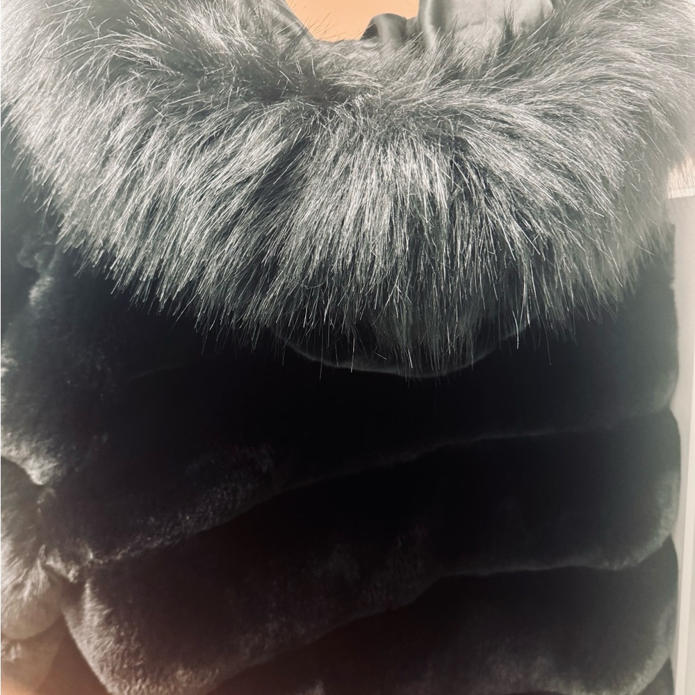 Calvin Klein Black Hooded Faux Fur Jacket - Picture 8 of 10